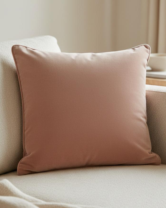Rose pink velvet cushion cover with piped edges from Malini, soft furnishings accessory for cozy home decor.