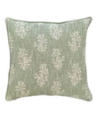 Sage green block flower cushion cover by Malini, soft furnishings with floral pattern and textured fabric.