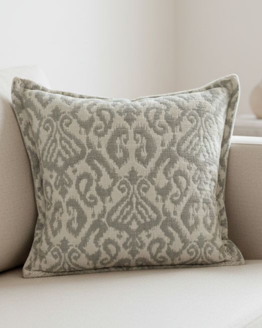 Sage green quilted jacquard square cushion cover by Malini, soft furnishings with textured diamond pattern.