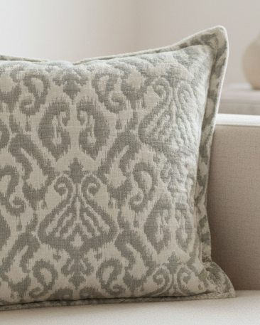 Sage green quilted jacquard square cushion cover by Malini, soft furnishings with textured fabric and elegant design.