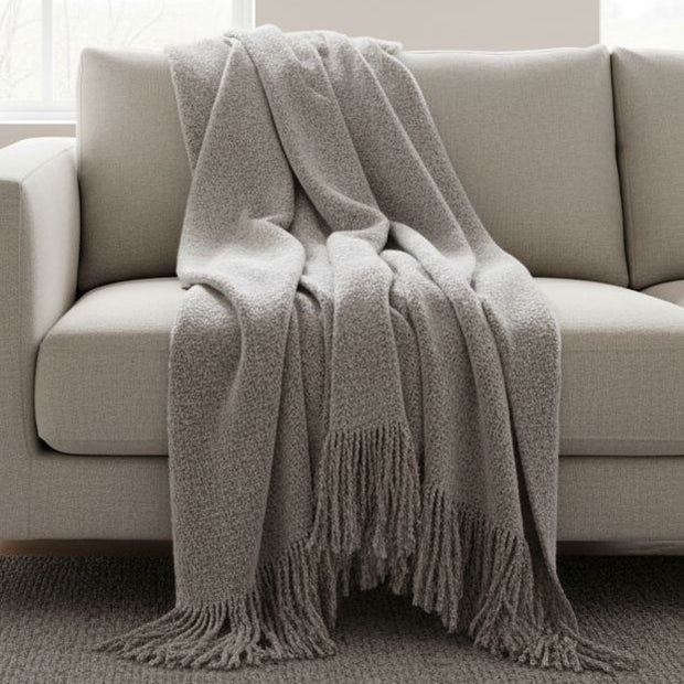 Malini Serena grey mohair-style blanket throw, soft furnishings with a cozy, textured appearance for home decor.