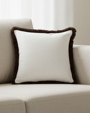 White cushion cover with chocolate brown fringes by Malini, soft furnishings, textured fabric, decorative home decor accessory