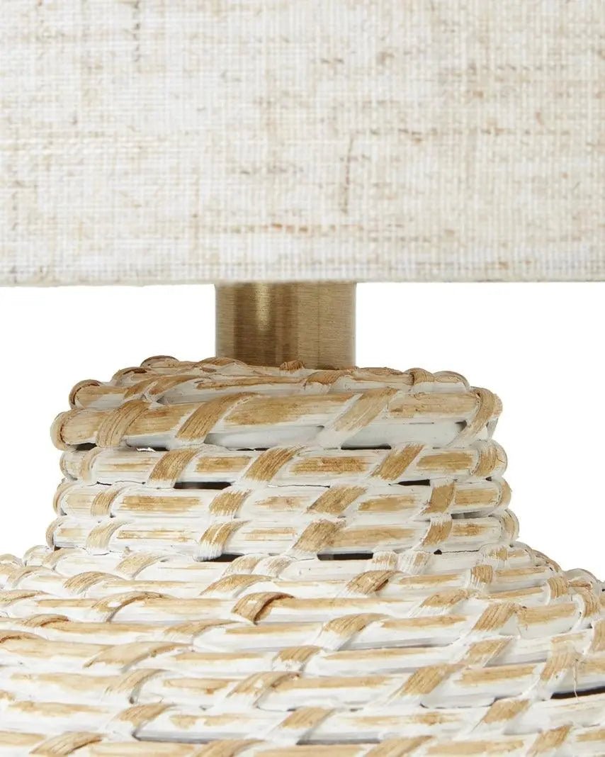 Marseille White Wash Wicker Bulbous Table Lamp With Linen Shade - LightingLighting - Lulu Loves Home