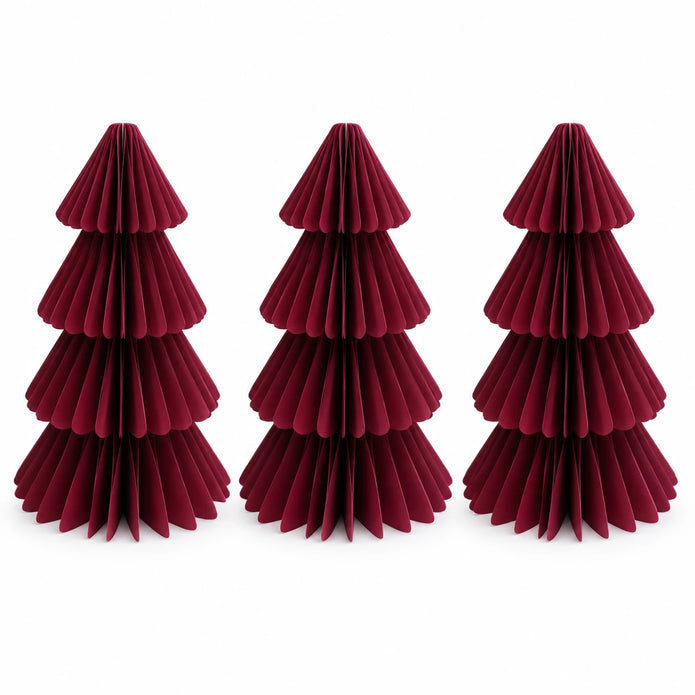 Full set of three identical burgundy paper Christmas trees on a white background.