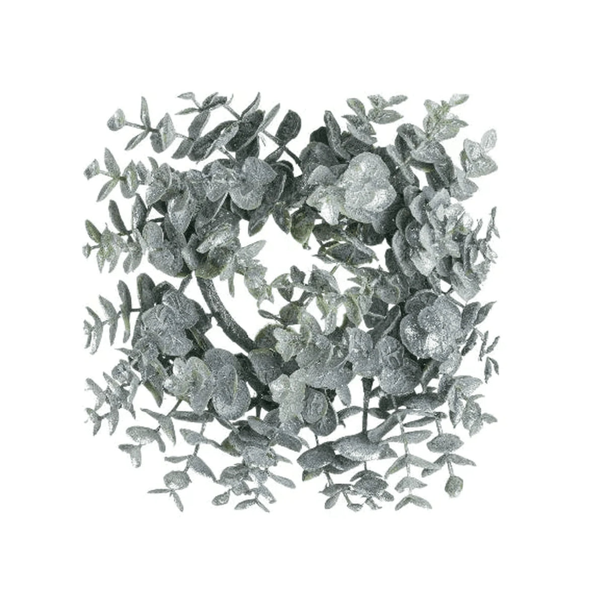 Frosted eucalyptus candle wreath with rounded grey-green leaves and a crystalline finish on white.