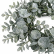 Close-up of grey-green eucalyptus leaves and crystalline frosted finish on the candle wreath.