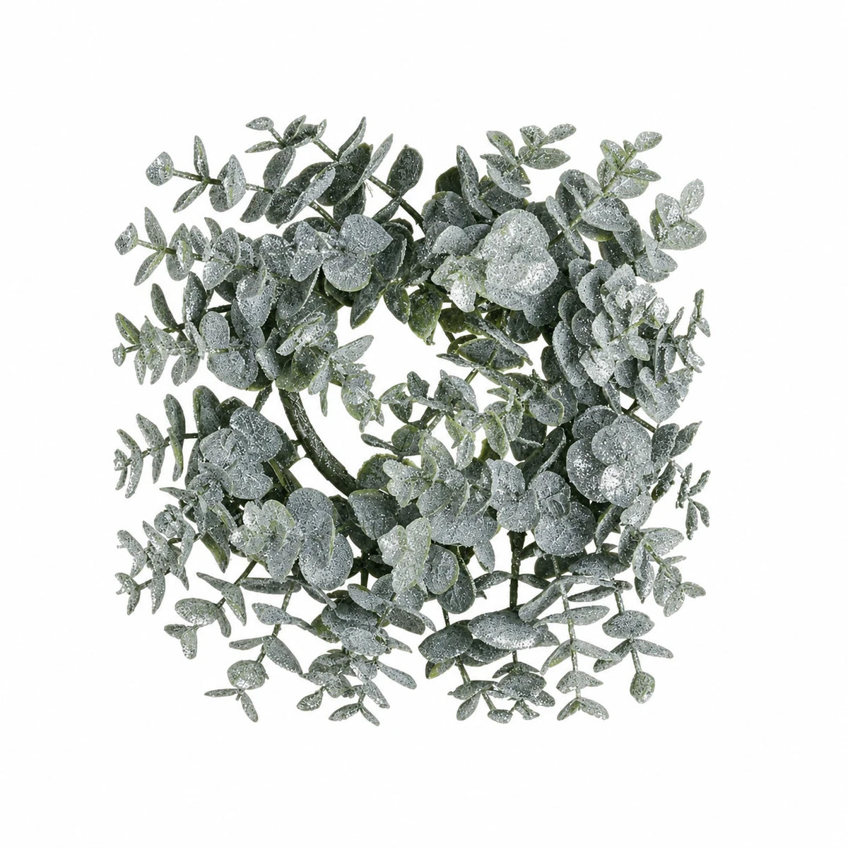 Complete frosted eucalyptus candle wreath with grey-green leaves on a white background.