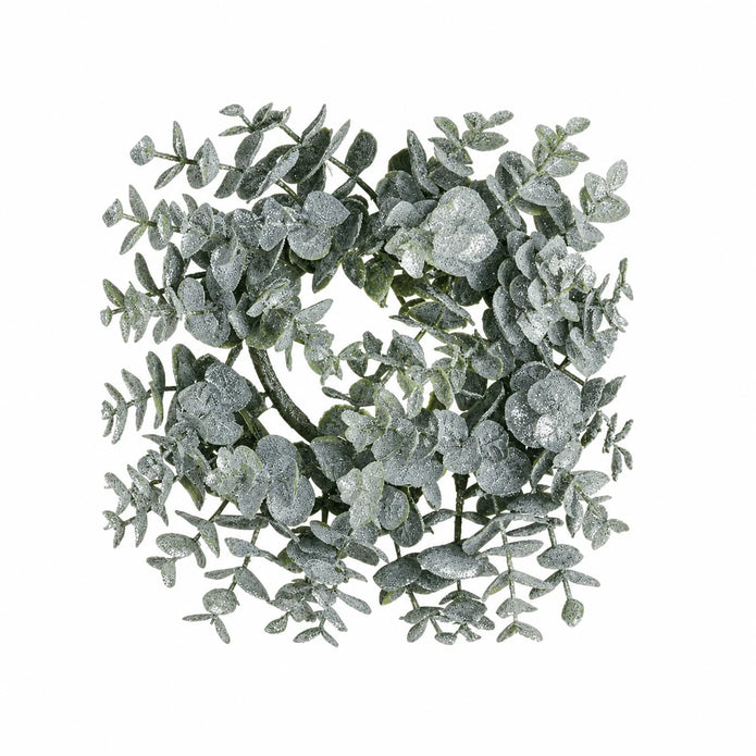 Complete frosted eucalyptus candle wreath with grey-green leaves on a white background.