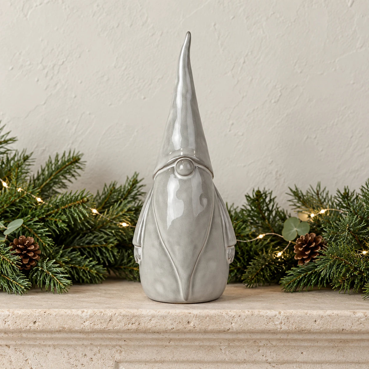Medium glazed ceramic Christmas gonk ornament with textured detail, perfect for holiday decor by Satchville.