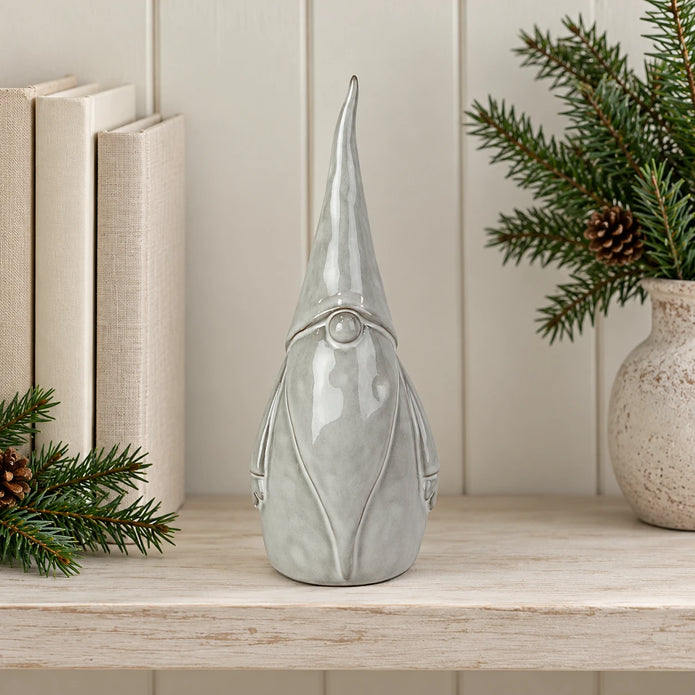 Medium glazed ceramic gonk Christmas ornament with textured details, decorative for holiday decor, by Satchville