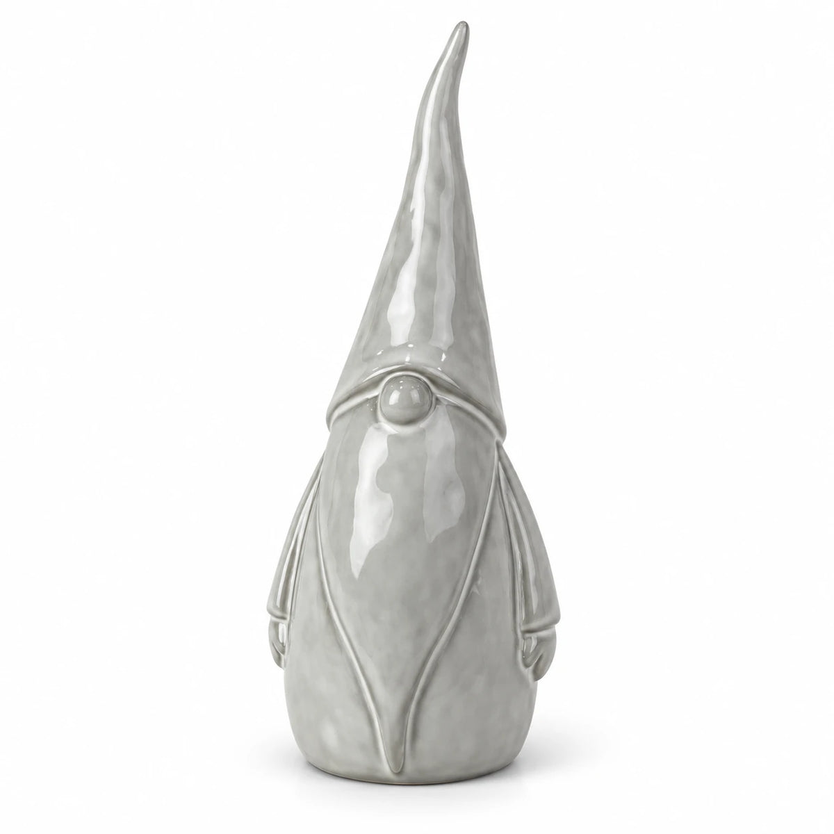 Medium glazed ceramic Christmas gonk ornament with textured details, crafted by Satchville, displayed from a studio-angle perspective.