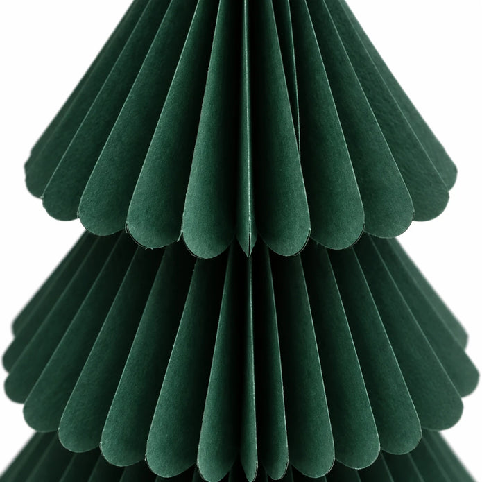 Close-up of dark green paper folds and scalloped tier edges.