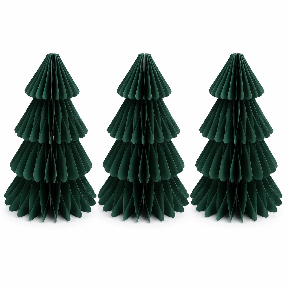 Full set of three identical dark green paper Christmas trees on a white background.