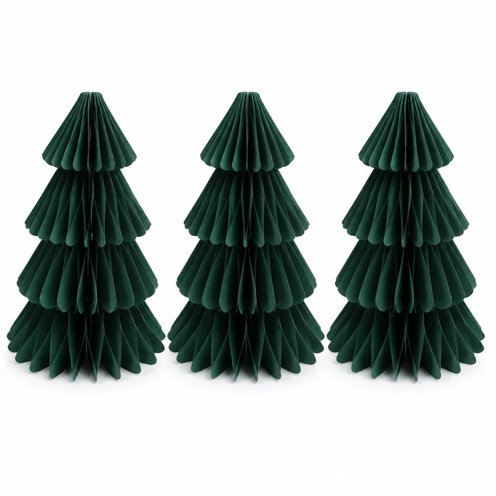 Full set of three identical dark green paper Christmas trees on a white background.