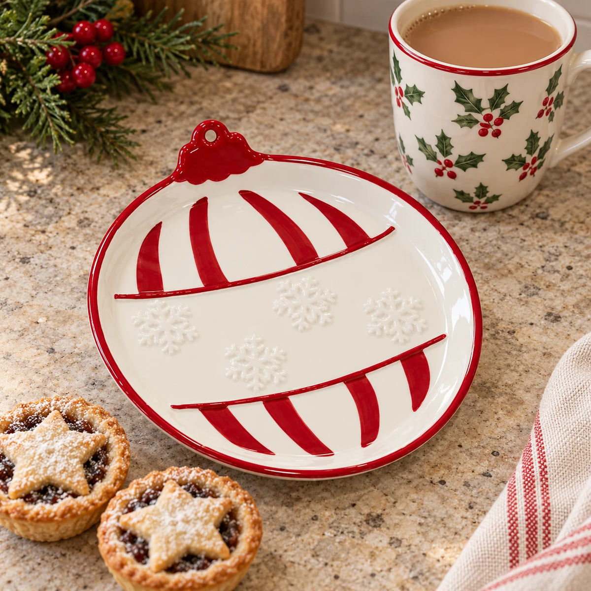 Medium traditional red Christmas Bauble Plate by Satchville, featuring festive holiday design, ideal for holiday dining and decoration.