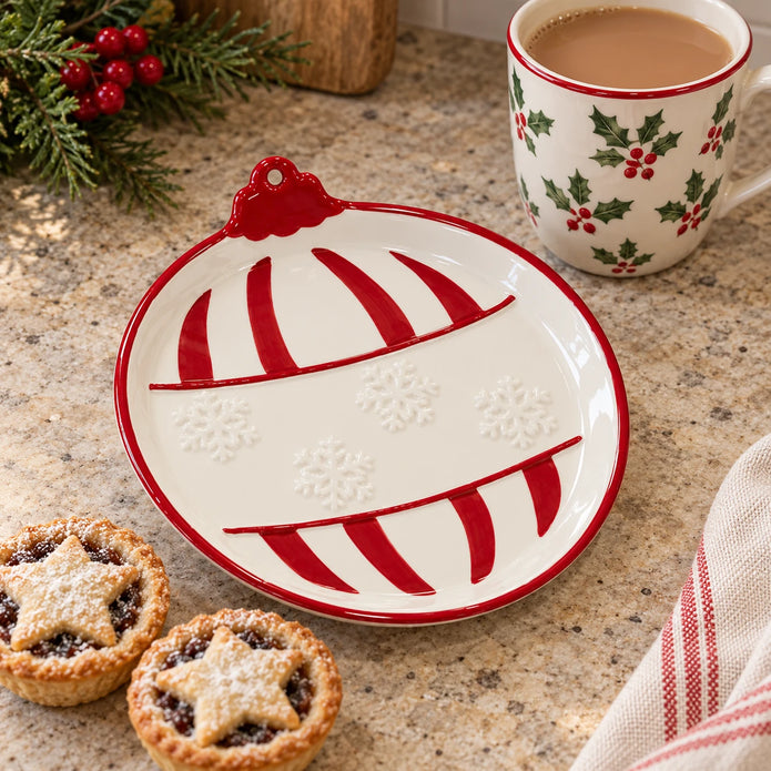 Medium traditional red Christmas Bauble Plate by Satchville, featuring festive holiday design, ideal for holiday dining and decoration.