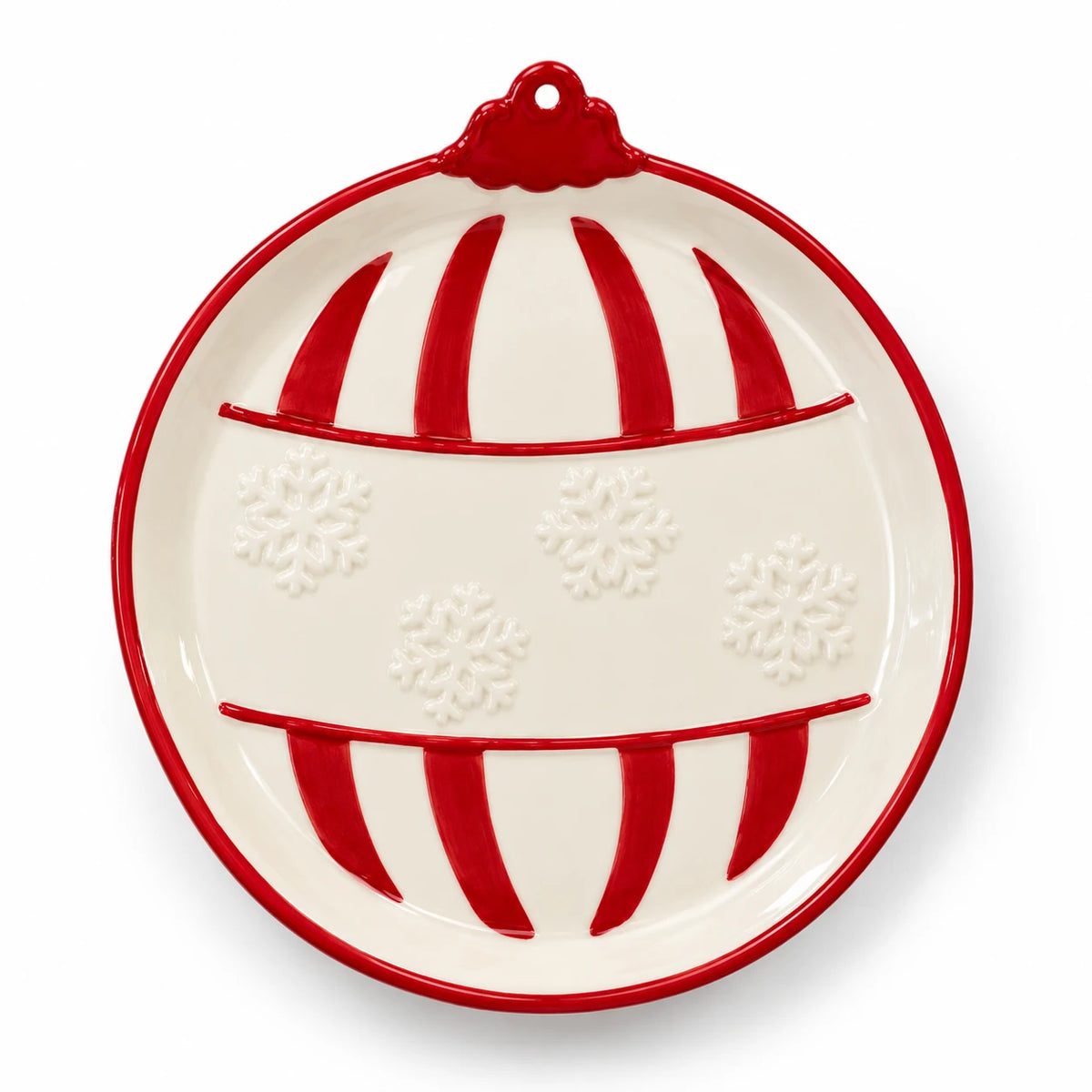 Medium traditional red Christmas bauble plate by Satchville displayed on a white background.