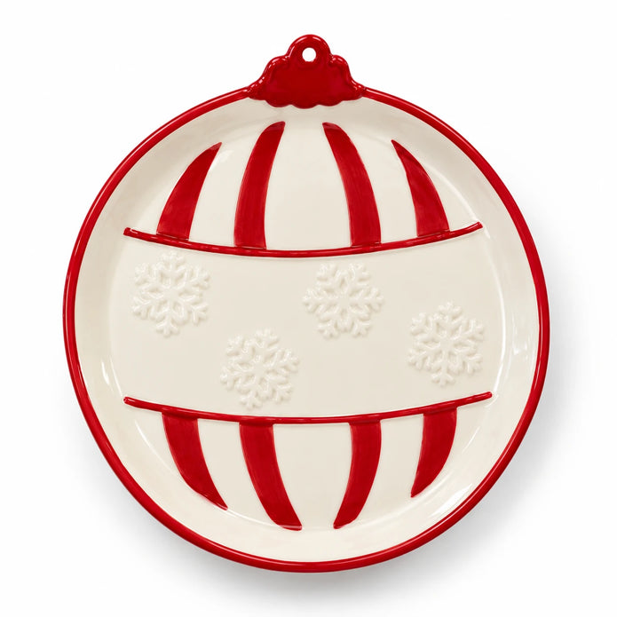 Medium traditional red Christmas bauble plate by Satchville displayed on a white background.