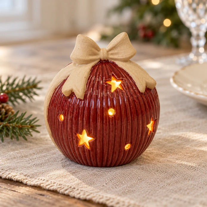 Small glowing red ceramic bauble styled on a linen Christmas table