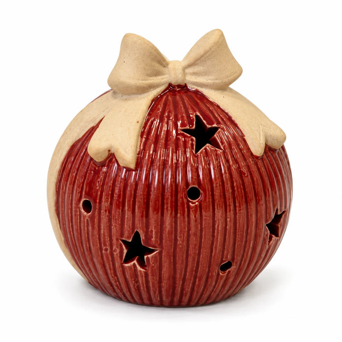 Medium ribbed red ceramic LED bauble with cream bow on a white background