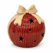 Medium ribbed red ceramic LED bauble with cream bow on a white background