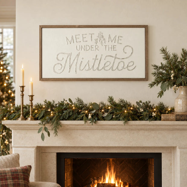 Wood & Metal Sign - White And Gold Meet Me Under The Mistletoe above a cream mantel.