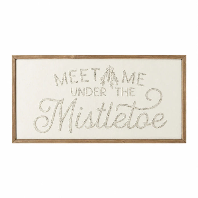 Wood & Metal Sign - White And Gold Meet Me Under The Mistletoe against a white studio background.