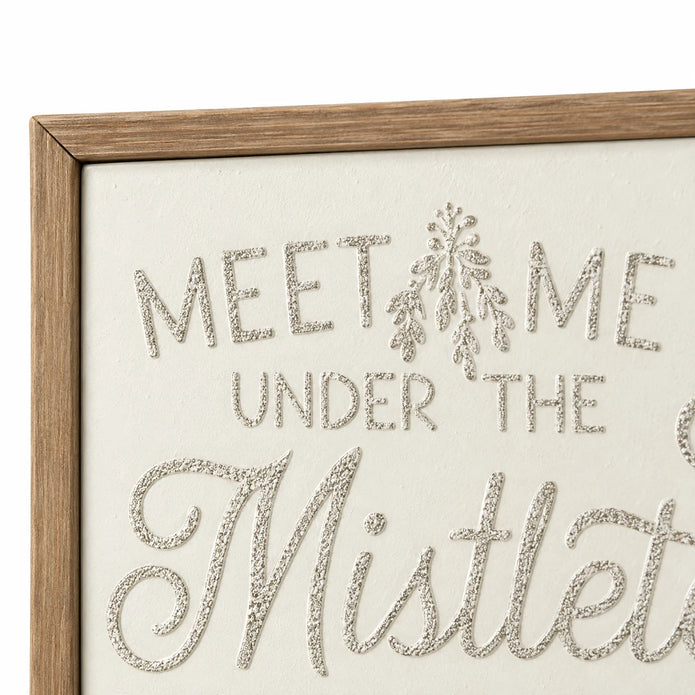 Close-up of natural wood frame corner and original mistletoe motif on Wood & Metal Sign - White And Gold Meet Me Under The Mistletoe.