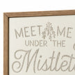 Close-up of natural wood frame corner and original mistletoe motif on Wood & Metal Sign - White And Gold Meet Me Under The Mistletoe.