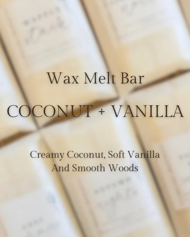 Meleri and Maple Co scented wax melt snap bar with coconut and vanilla fragrance, showing the colorful wax pieces in a clear container