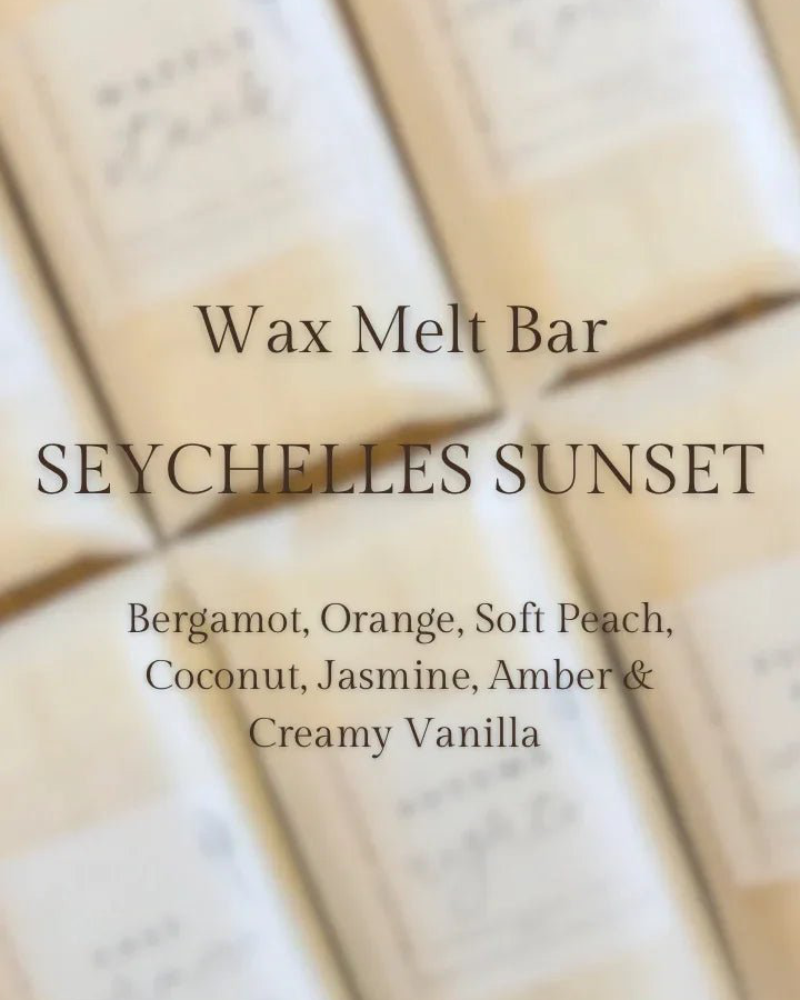 Meleri and Maple Co scented wax melt snap bar in Seychelles Sunset with tropical floral and fruity design.