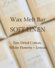 Meleri and Maple Co scented wax melt snap bar in Soft Linen with a sleek packaging design and soft pastel colors.