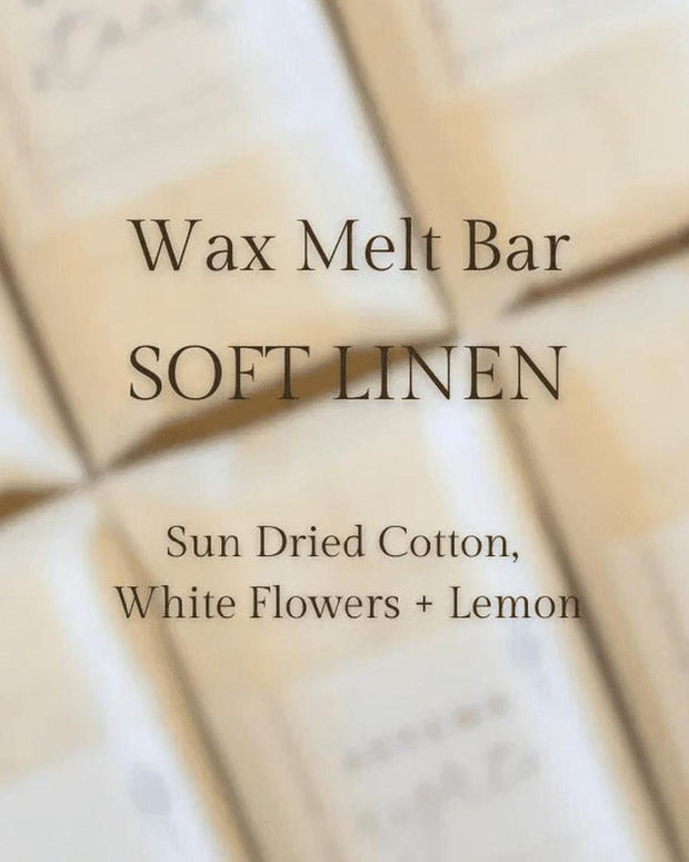 Meleri and Maple Co scented wax melt snap bar in Soft Linen with a sleek packaging design and soft pastel colors.
