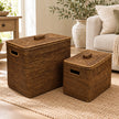 Lows Meon brown rattan rectangle storage boxes in two sizes, shown together