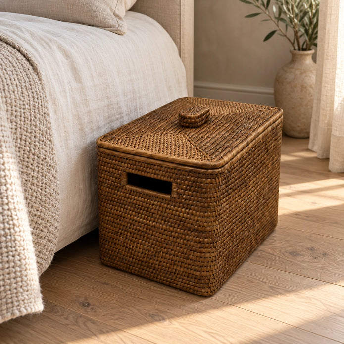 Lows Meon brown rattan rectangle storage box in a bedroom setting