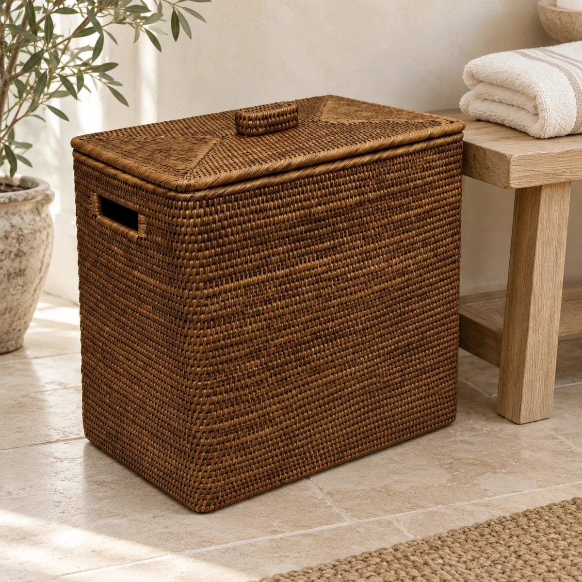 Lows Meon brown rattan rectangle storage box with woven texture and practical utility design