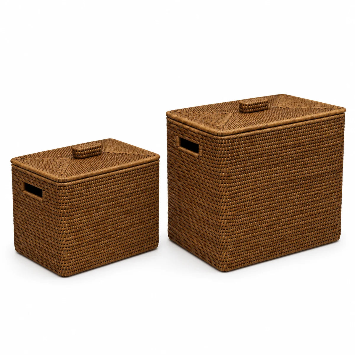 Lows Meon brown rattan rectangle storage box in a white studio setting