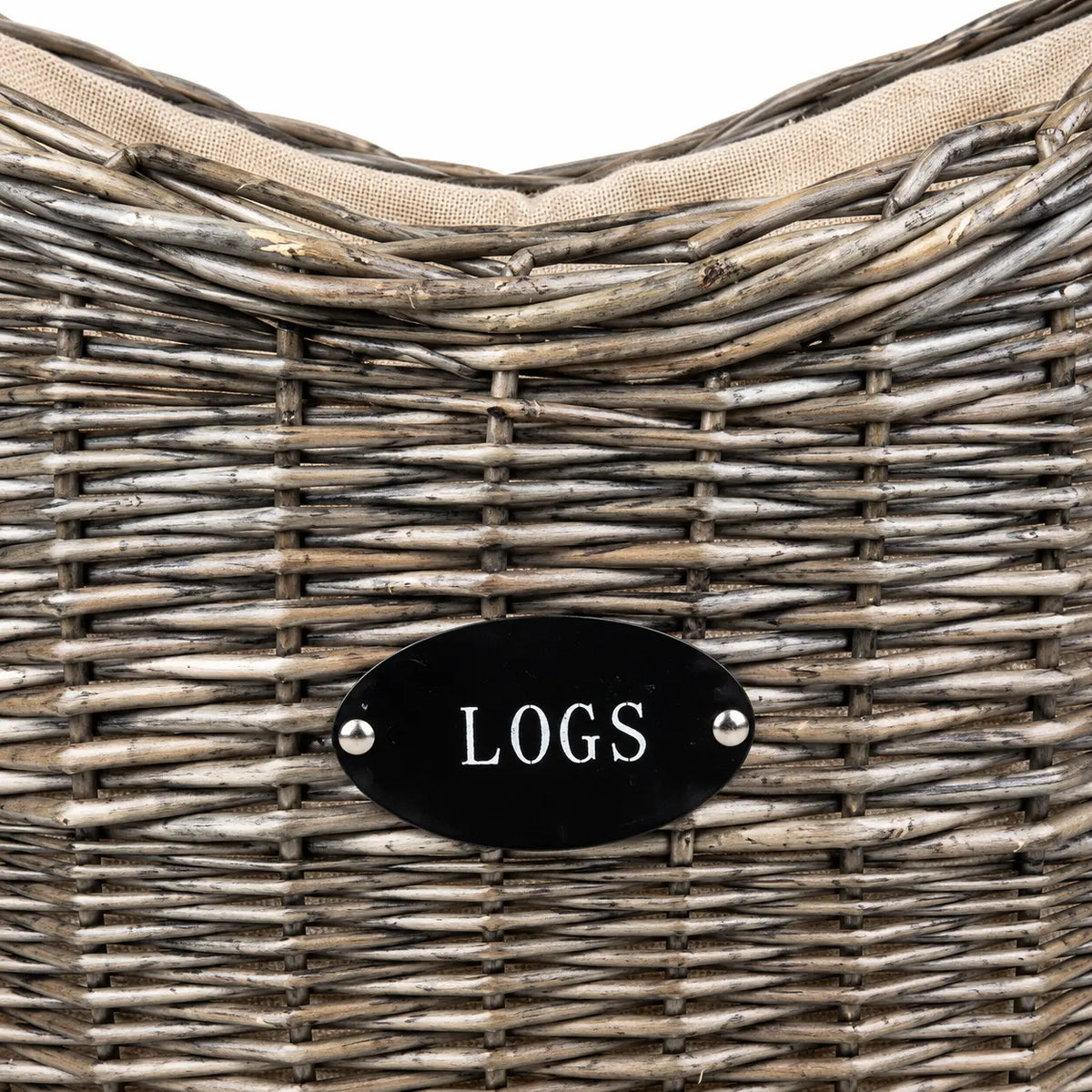 Close-up of the LOGS plaque grey weave and hessian lining