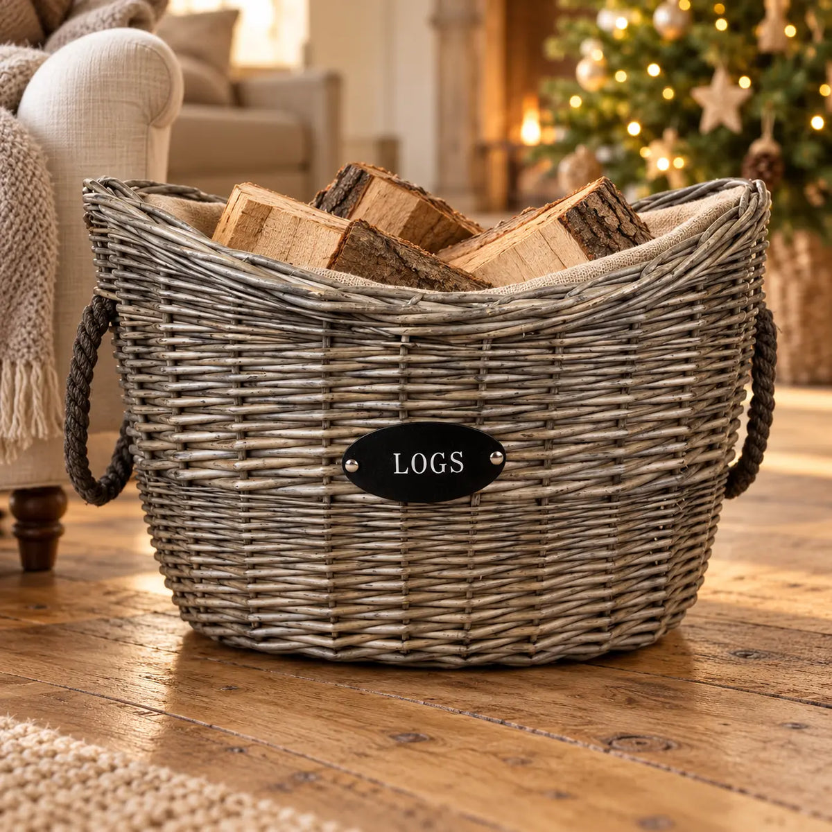Grey woven log basket with hessian lining in a Christmas living room