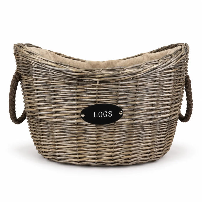 Meon oval log basket with rope handles and LOGS plaque on white