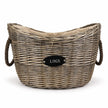 Meon oval log basket with rope handles and LOGS plaque on white