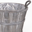 Close-up of medium Meon basket weathered grey stave finish, bands and rope handle