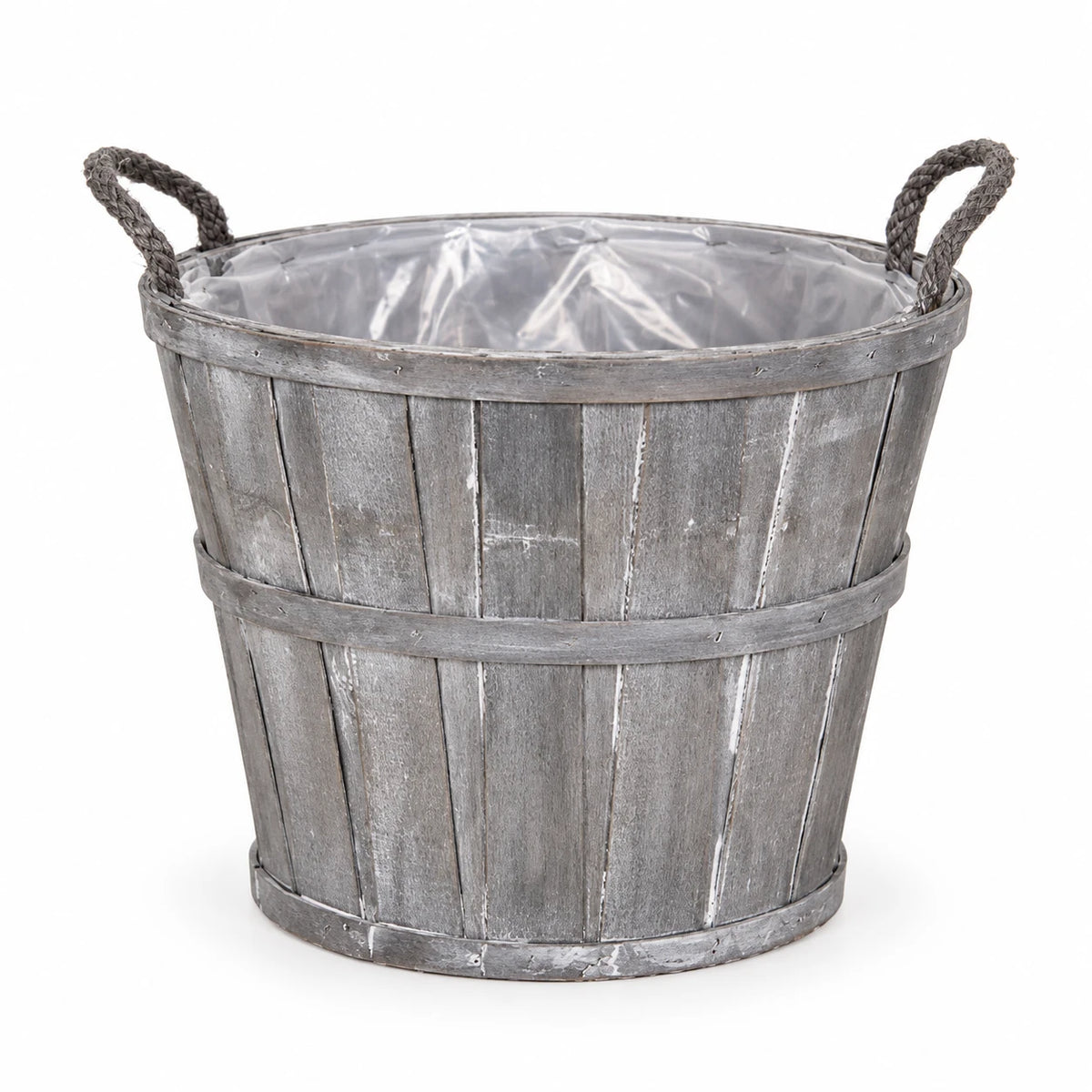 Medium Meon greywashed planter basket with rope handles and clear liner on white