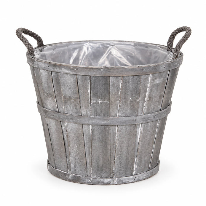 Medium Meon greywashed planter basket with rope handles and clear liner on white