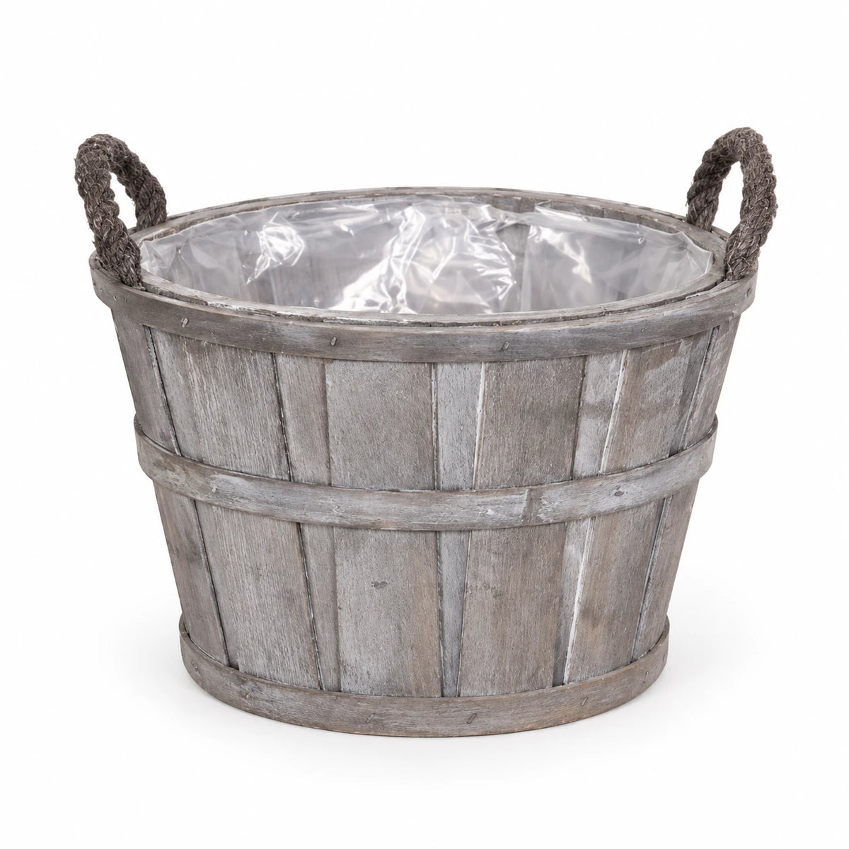 Small Meon planter basket with greywashed finish, rope handles and clear liner on white
