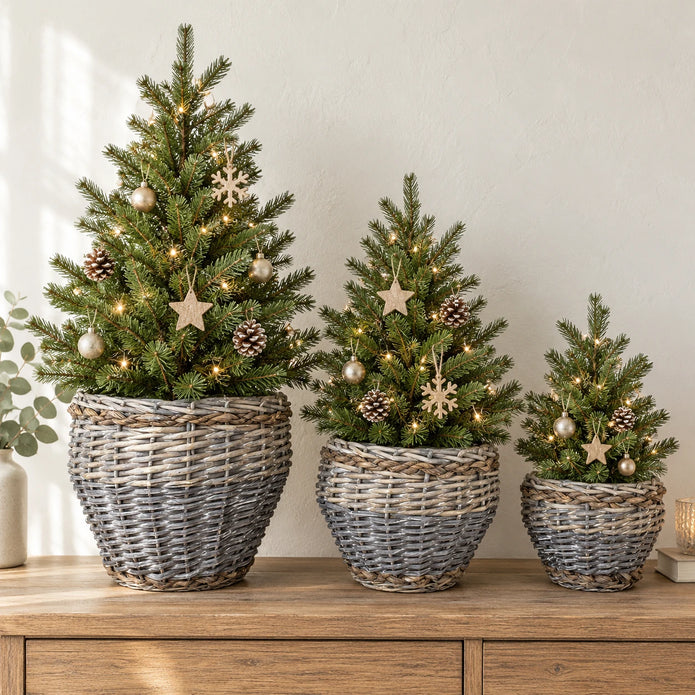 Three Meon planter baskets holding miniature decorated Christmas trees on a wooden console
