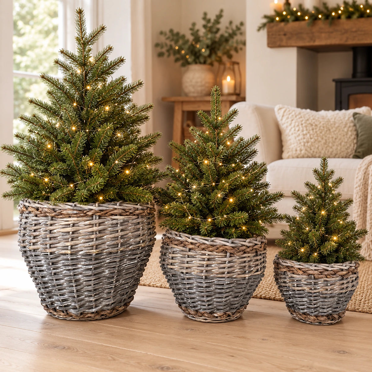 Set of three grey woven Meon planter baskets styled with small Christmas trees in a neutral living room