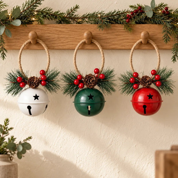 White, green and red metal bells with pinecone and berry decorations hanging from a shelf