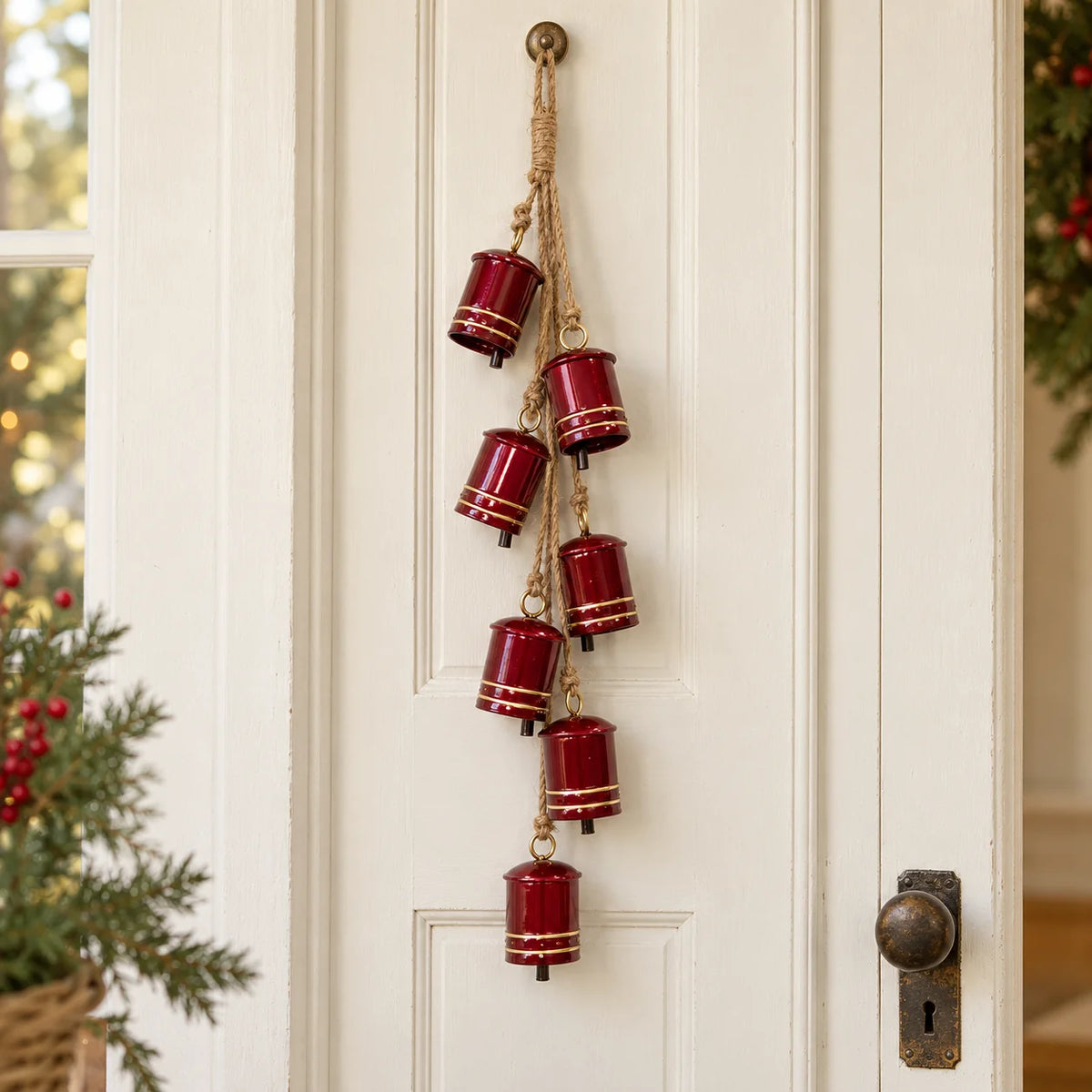 Glossy red cowbell garland hanging on a white door