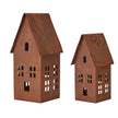 Small and large rust metal house candle holders with steep pitched roofs and window cutouts